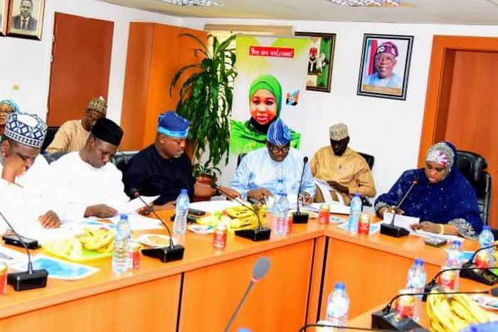 FCT Minister of State, Dr Mariya Mahmoud (right), addressing participanst during the 182nd Joint Account Allocation Committee , meeting, in Abuja on Monday [NAN]