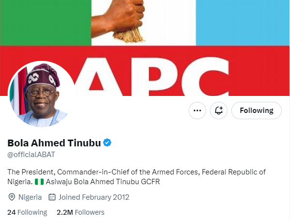Tinubu's twitter page