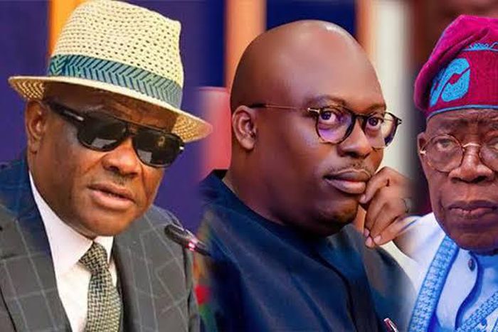 The FCT Minister, Nyesom Wike,  Governor Siminalayi Fubara of Rivers State and President Bola Ahmed Tinubu. [Punch]