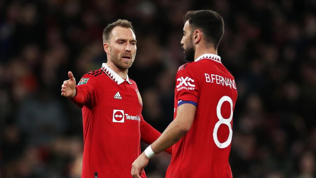 Christian Eriksen celebrating with Bruno Fernandes after opening the scoring for Manchester United against Burnley