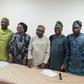 APC’s Publicity Secretary Seye Oladejo (Fourth Left), and other leaders of the party at the news conference on Thursday in Ikeja.