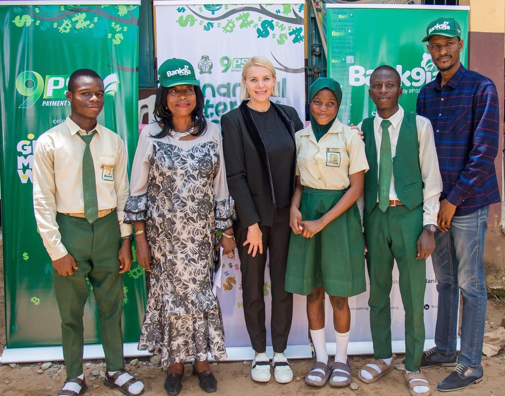 L-R: Assistant Senior Prefect, Ajao Estate Senior Grammar School, Chima Divine Chidera; the Principal, Ajao Estate Senior Grammar School, Mrs. Olabiran Ademola Angela; Chief Executive Officer and Managing Director, 9 Payment Service Bank, Branka Mracaj...