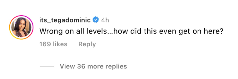 Tega Dominic commented under viral video [Instagram]