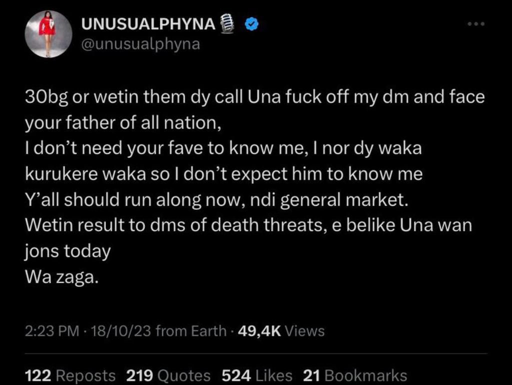 Phyna's deleted tweet [Twitter/unusualphyna]