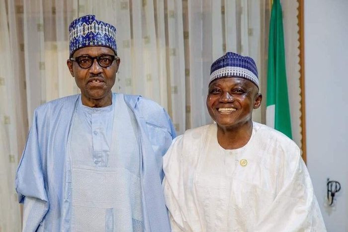 President Muhammadu Buhari felicitates with his Senior Special Assistant on Media and Publicity, Malam Garba Shehu on his 60th birthday. [Twitter/@BashirAhmaad]