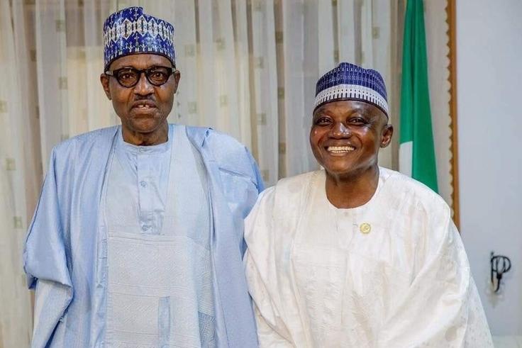 President Muhammadu Buhari felicitates with his Senior Special Assistant on Media and Publicity, Malam Garba Shehu on his 60th birthday. [Twitter/@BashirAhmaad]