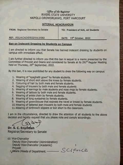 Rivers varsity bans indecent dressing, tattoo, others on campus