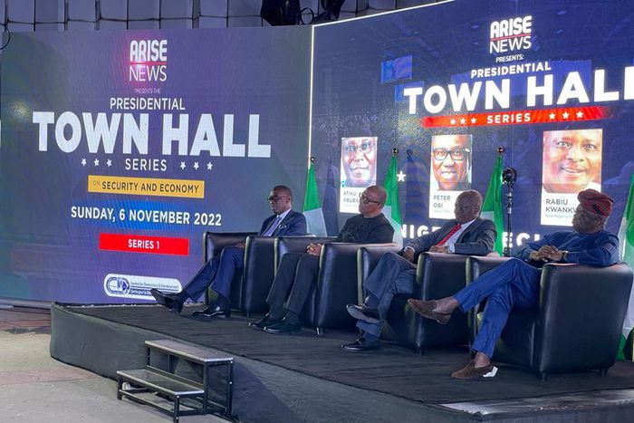 Presidential candidates discuss their agenda for Nigeria at Arise town hall meeting on Sunday, November 6, 2022.(Premium Times).