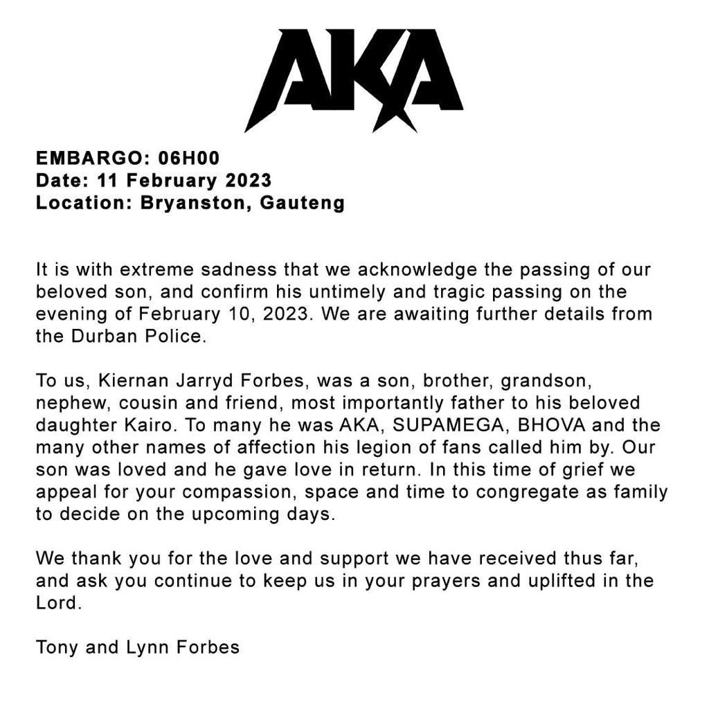 Forbes family issues a public statement following AKA's untimely death [SABCNews]