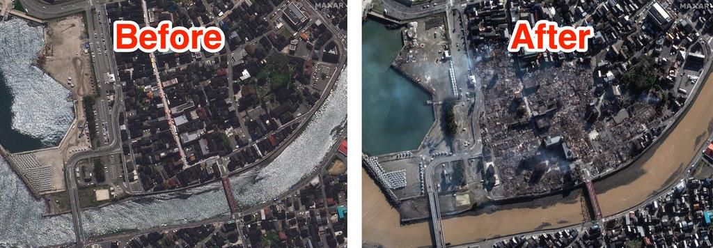 Before and after space photos of burned and destroyed buildings in Wajima.Satellite image 2024 Maxar Technologies