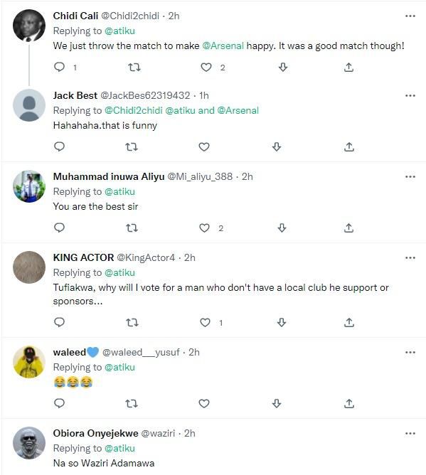 Nigerians react to Atiku Abubakar's tweet about Arsenal and Nigeria