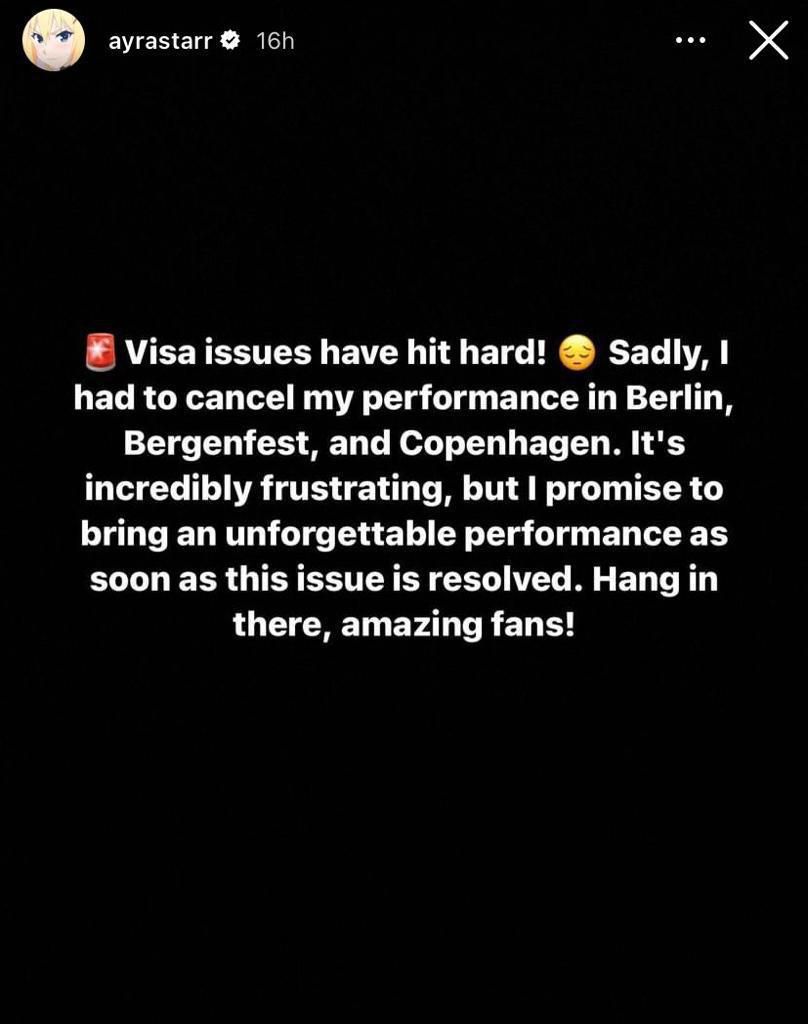 Ayra Starr cancels shows in Germany & Belgium over Visa issues