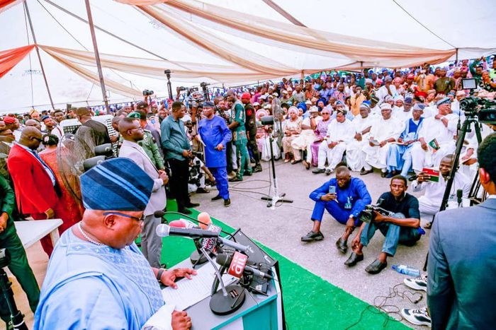 Gov. Adeleke during the inauguration of commissioners in Osogbo on Wednesday. [NAN]
