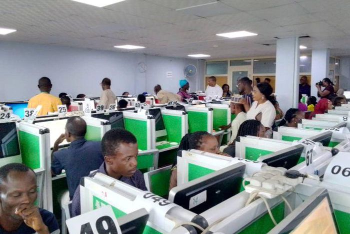 Candidates writing May Diet of the Professional Qualifying Examination (PQE) organised by the Teachers Registration Council of Nigeria (TRCN) in Abuja on Saturday. [NAN]