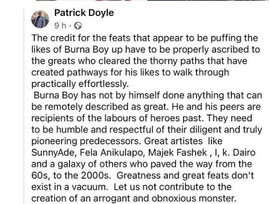 Patrick Doyle knocks Burna Boy off his high horse