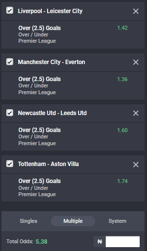 Bet9ja over 2.5 odds for the Premier League