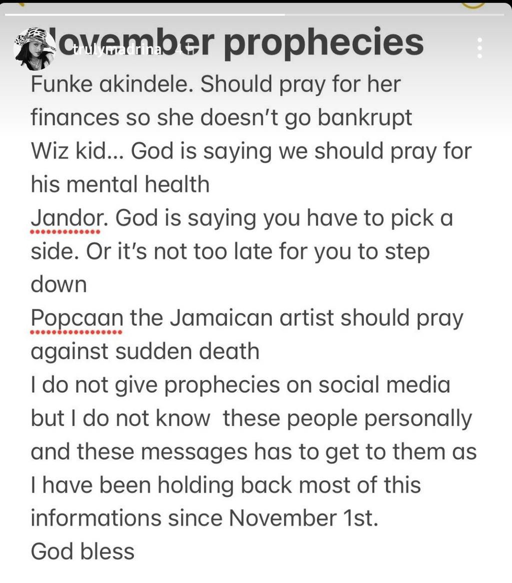 Cynthia Morgan's prophecies. Source: Cynthia Morgan's Instagram story