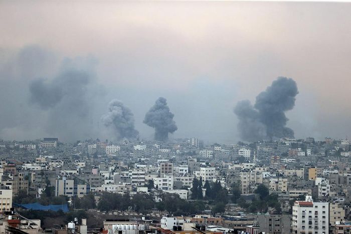 Smoke rises above buildings during an Israeli airstrike in Gaza on October 9, 2023.Mustafa Hassona/Anadolu Agency via Getty Images