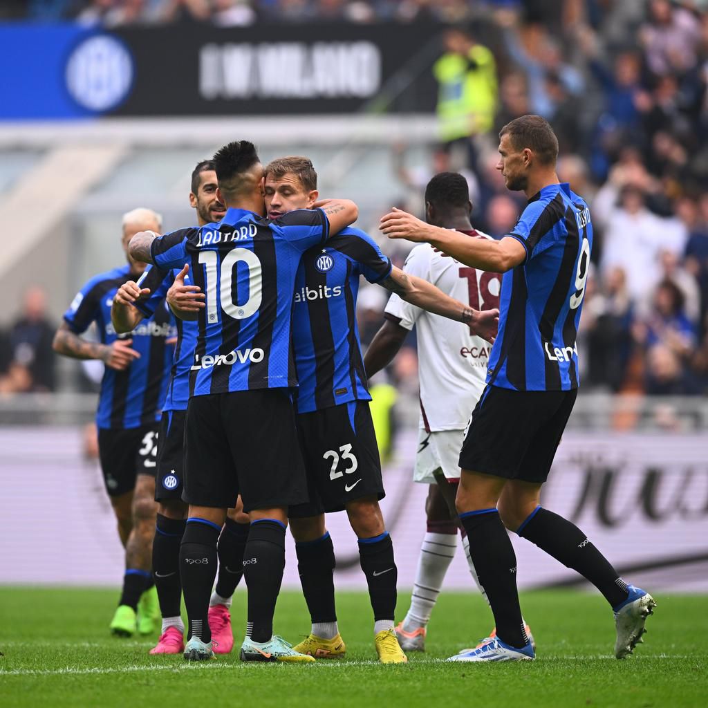 Lauraro Martinez hugs Nicolo Barella after scoring Inter's second of the match