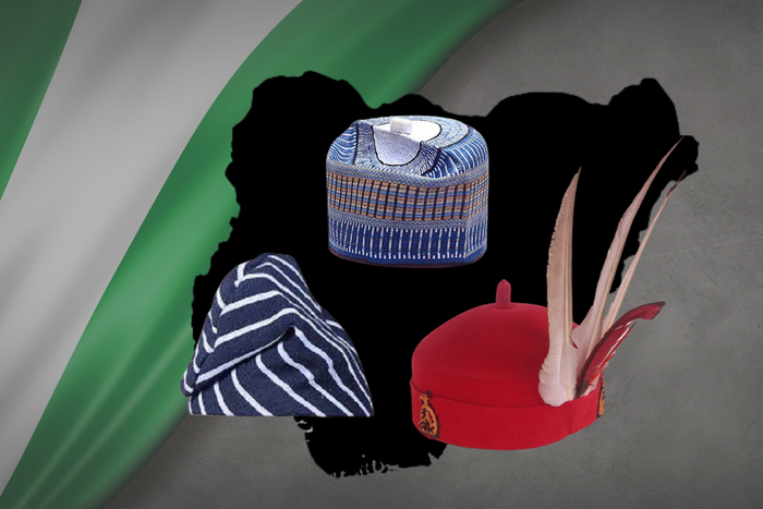 Hats of the 3 most prominent tribes in Nigeria; Hausa, Yoruba, and Igbo