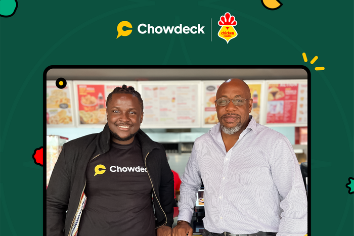 L-R: Femi Aluko and Mr Kofi Abunu at Chicken Republic, Spintex Road, Accra.