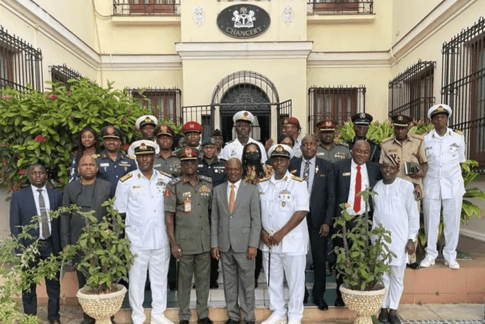 Amb. Benaoyagha Okoyen, Nigeria’s Ambassador to Cuba poses in the middle of the front row with course 31st participants of the Nigerian Defence College after a reception  dinner organised in their honour in Havana, Cuba.