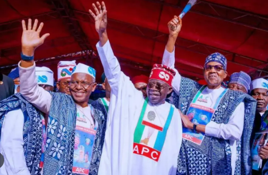 Governor Nasir El-Rufai of Kaduna, the APC Presidential candidate, Bola Tinubu, and President Muhammadu Buhari during the inauguration of the party's campaign in Jos in November 2022. (ThisDay)