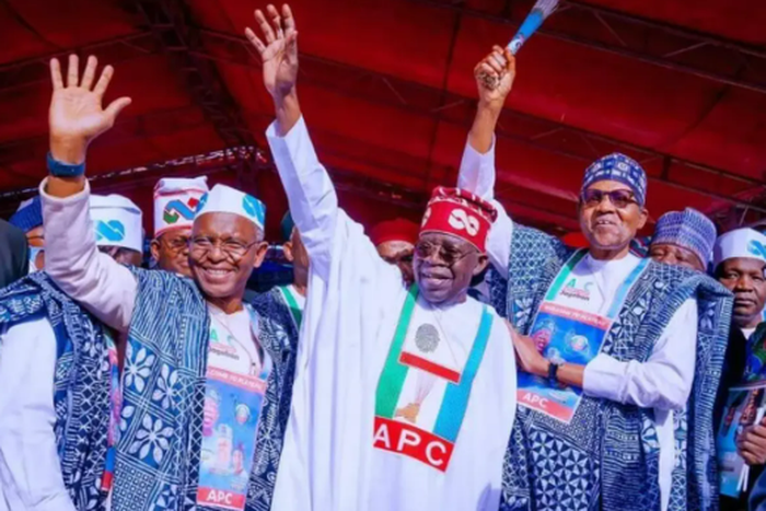 Governor Nasir El-Rufai of Kaduna, the APC Presidential candidate, Bola Tinubu, and President Muhammadu Buhari during the inauguration of the party's campaign in Jos in November 2022. (ThisDay)