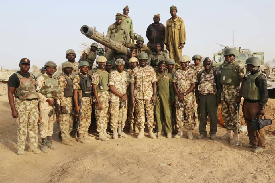 Chief of Army Staff, Lt.-Gen. Tukur Buratai with troops at Camp Zairo in Sambisa Forest (NAN)