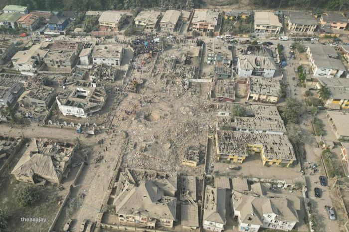 An aerial view of the aftermath of the explosion that rocked Ibadan on Tuesday, January 16, 2024 [TheaaaJay]