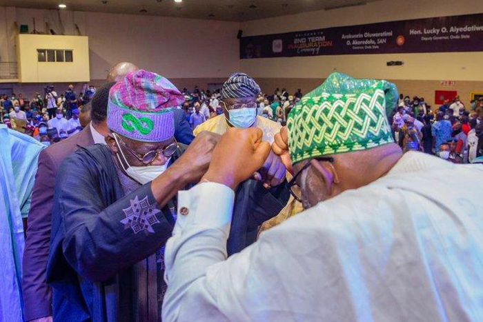 APC godfather Tinubu attended Akeredolu's inauguration on Feb 24, 2021 (Punch)