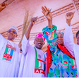 President Muhammadu Buhari, APC Presidential candidate, Bola Ahmed Tinubu, APC Governorship candidate in Adamawa state, Ayisatu Dahiru Ahmed Binani and the National Chairman of the APC, Abdullahi Adamu. (Vanguard)