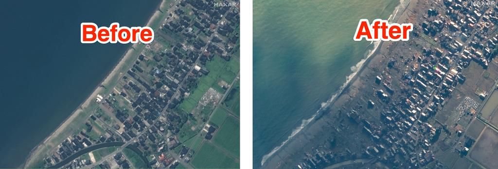 Before and after shots of homes along a coastline near Ukai.Satellite image 2024 Maxar Technologies
