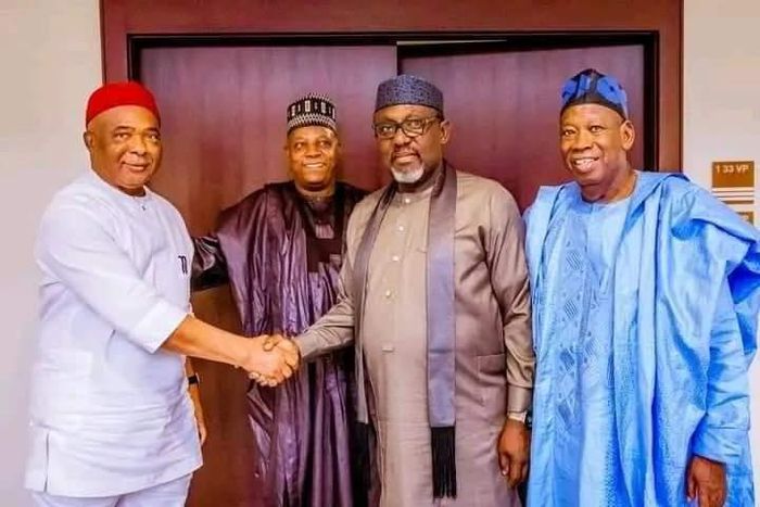 L-R: Governor Hope Uzodinma, Vice President Kashim Shettima, Rochas Okorocha and Abdullahi Ganduje, APC National Chairman. [Imo Govt]