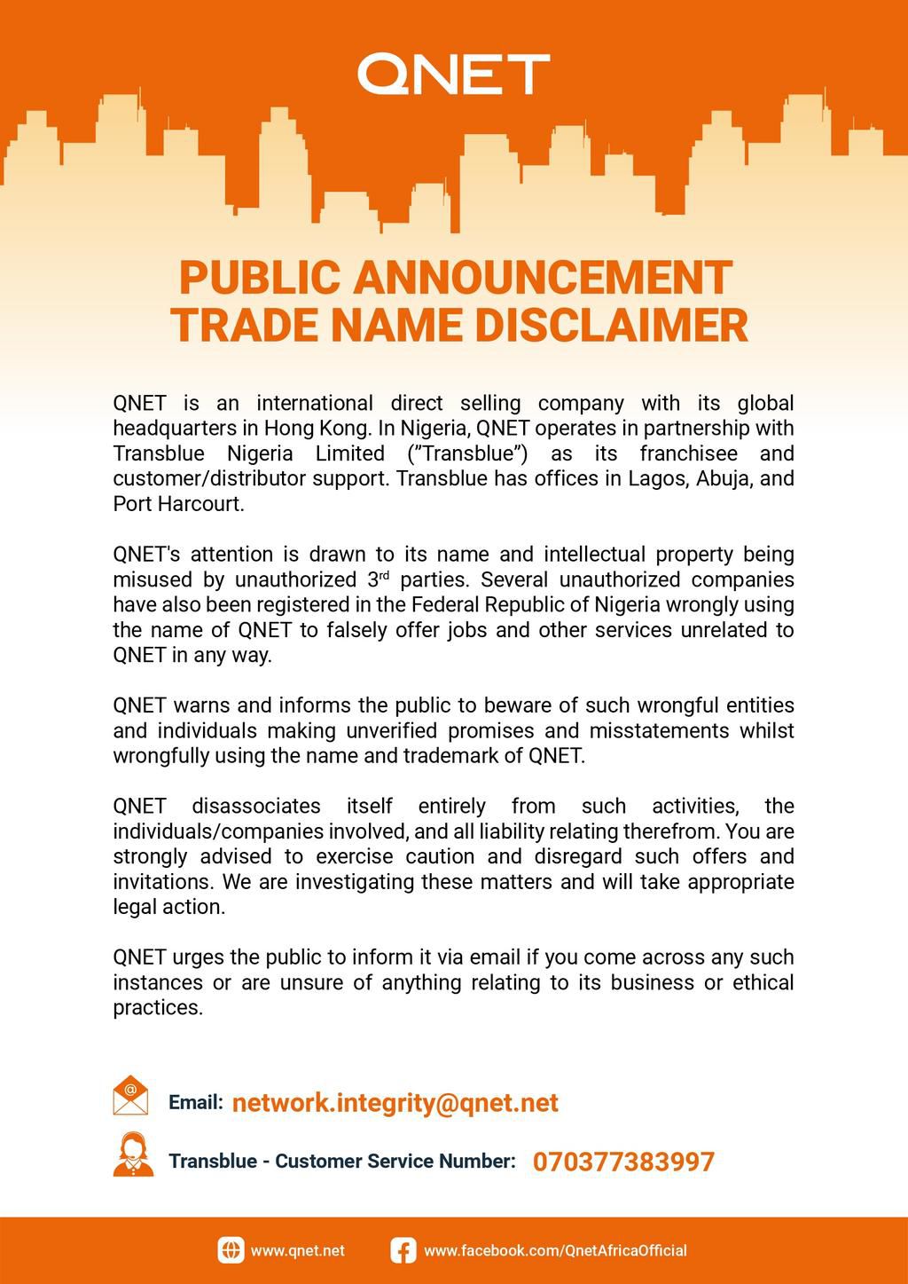QNET PUBLIC ANNOUNCEMENT TRADE NAME DISCLAIMER