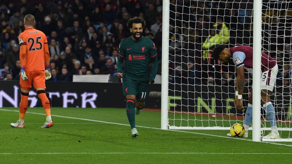Mohamed Salah opens the scoring for Liverpool against Aston Villa