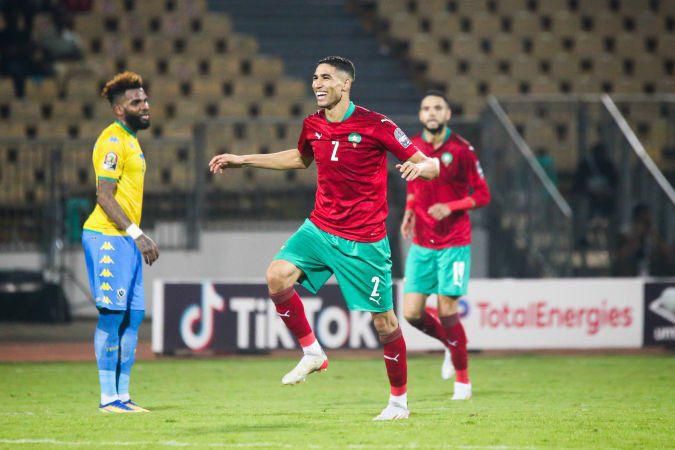 Achraf Hakimi smiles after the goal against Gabon.