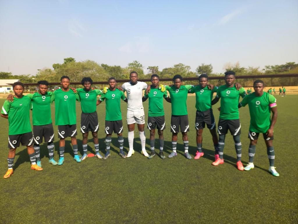 The Flying Eagles line up before defeating NPFL side Lobi Stars in Abuja on Saturday