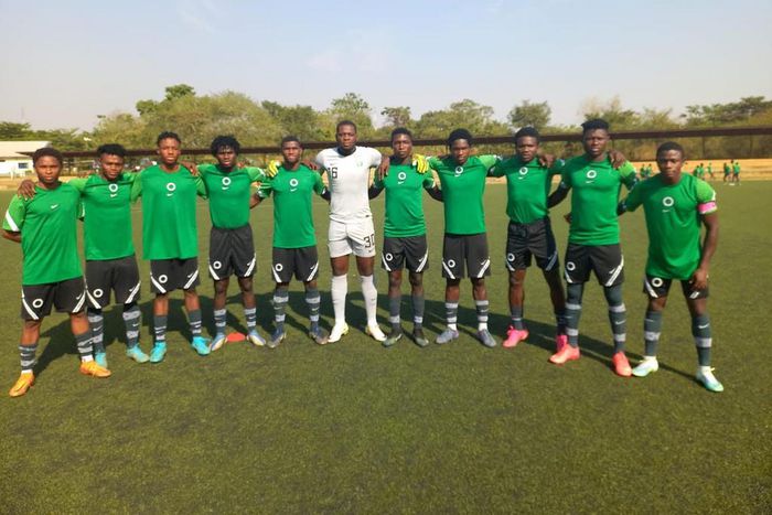 The Flying Eagles line up before defeating NPFL side Lobi Stars in Abuja on Saturday