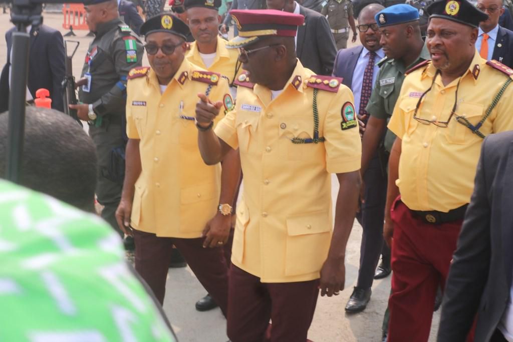 Gov. Babajide Sanwo-Olu of Lagos State during the passing out parade of the newly recruited officials of Lagos State Traffic Management Authority (LASTMA) in Lagos on Wednesday, February 5, 2020. (Twitter/@followlasg)