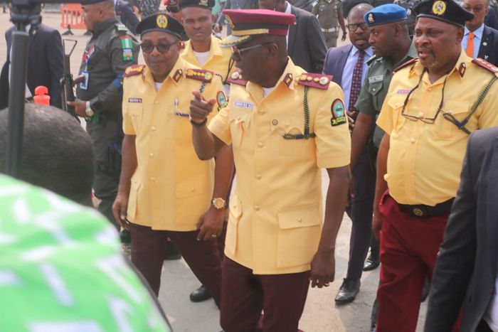 Gov. Babajide Sanwo-Olu of Lagos State during the passing out parade of the newly recruited officials of Lagos State Traffic Management Authority (LASTMA) in Lagos on Wednesday, February 5, 2020. (Twitter/@followlasg)