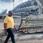 Minister of Youths and Sports Development, Sunday Dare during the inspection tour of the collapsed National Stadium Floodlight mast on Friday.