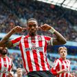 Ivan Toney of Brentford celebrates scoring the opening goal during the Premier League match between Manchester City and Brentford at the Etihad Stadium on November 12, 2022.
