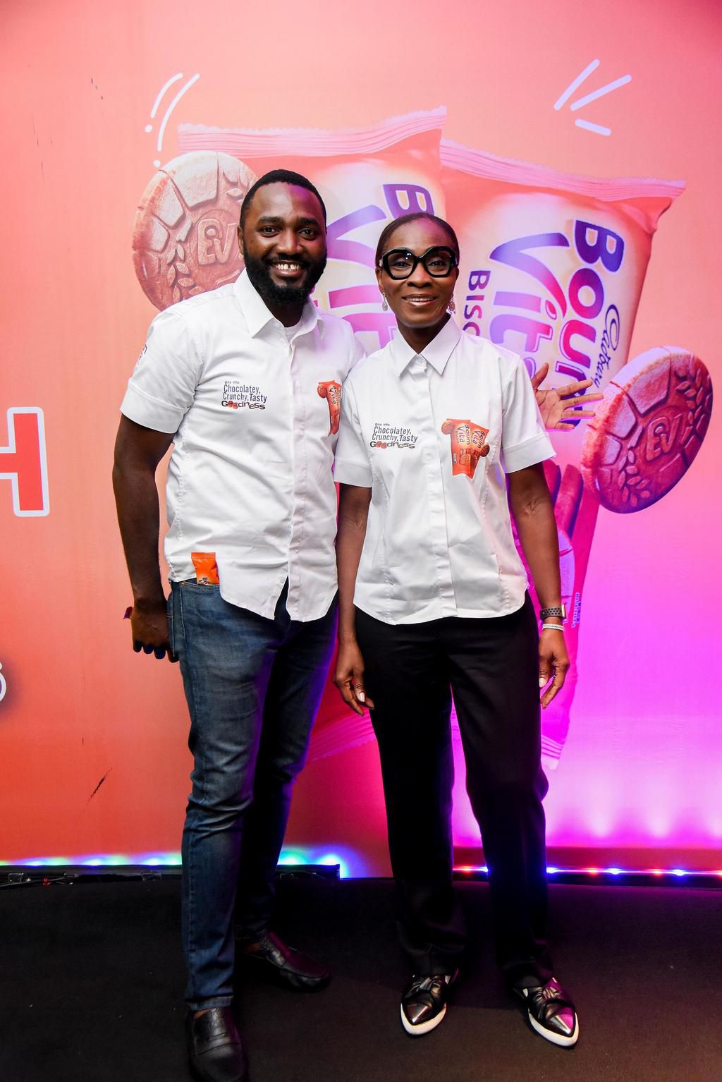 L-R: Tolulope Olaoye, Category Manager, Cocoa Beverages and Biscuit, Cadbury Nigeria Plc, with Oyeyimika Adeboye, Managing Director of the Company at the launch of Cadbury Bournvita Biscuit in Lagos.