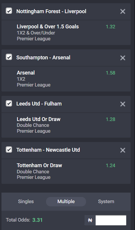 English Premier League accumulator on Bet9ja