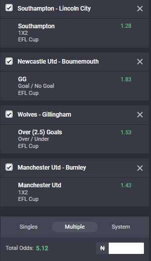 Bet9ja odds for the EFL Cup