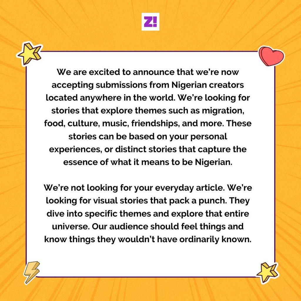 Zikoko is now accepting submissions from Nigerian creators worldwide.