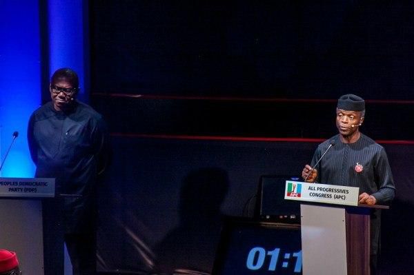 Vice President, Yemi Osinbajo (right), at the Vice Presidential Debate with vice presidential candidate of the People's Democratic Party (PDP), Peter Obi (left)