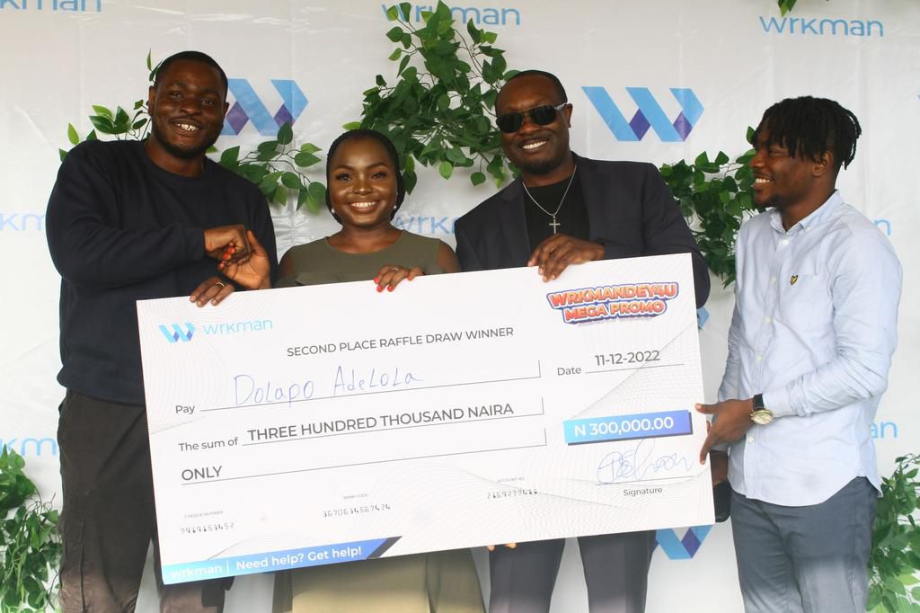 (L-R) Chief Operating Officer, Wrkman, Kechi Okpara, Wrkmandey4u Mega Promo First Runner-up Winner of N300,000, Dolapo Adeola; Chief Executive Officer, Wrkman, Tunde Eboho and Chief Marketing Officer, Wrkman, Oluwakayode Akinbode, at the Wrkmandey4u Me...