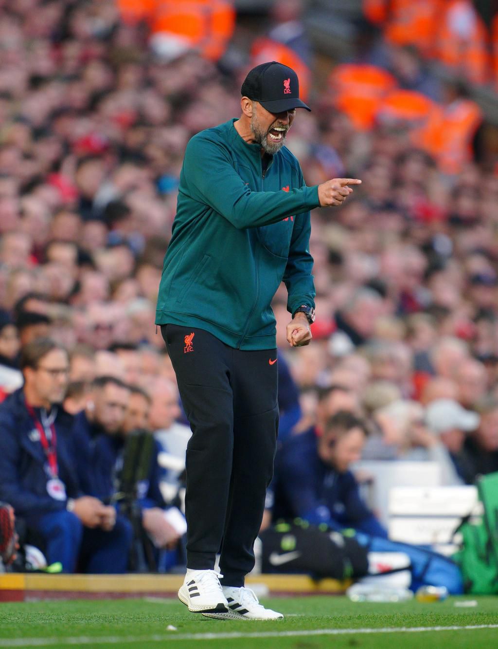 Liverpool manager Jurgen Klopp gestures on the touchline during the Premier League match at Anfield, on October 1, 2022.